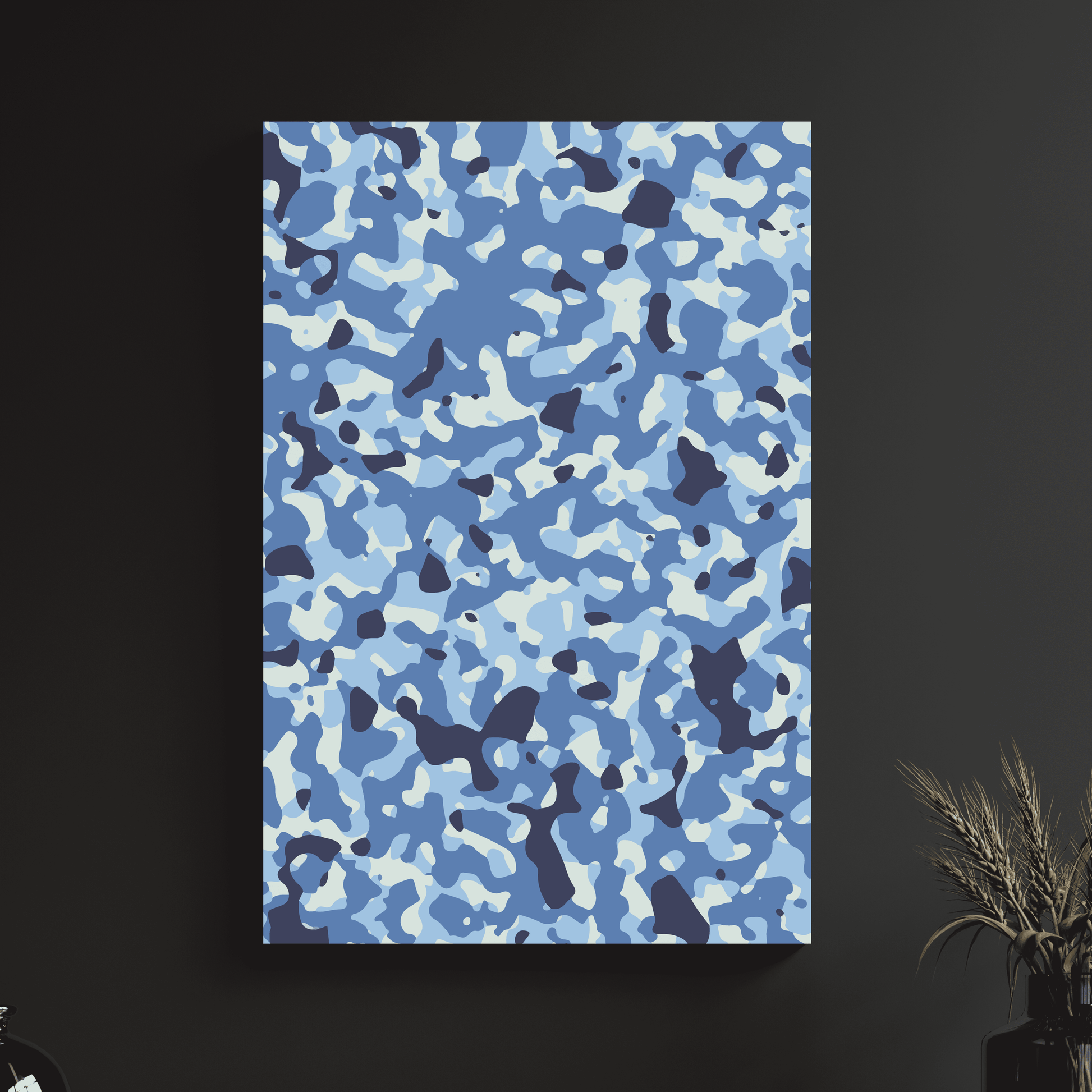 a blue and white camouflage print on a black wall