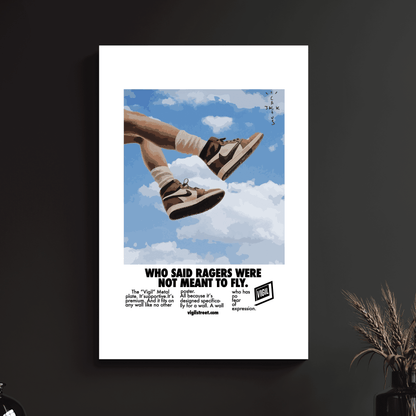 a poster of a pair of shoes flying through the air